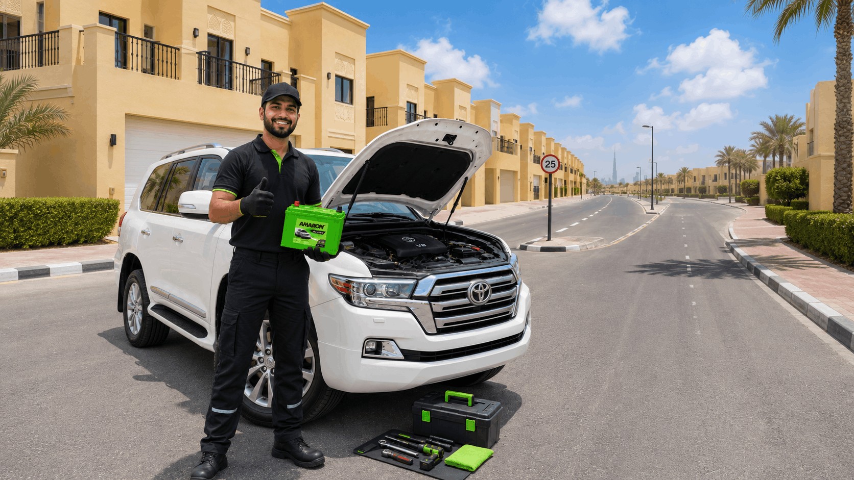 Battery technician holding a new car battery beside an SUV in a Nad Al Sheba villa driveway
